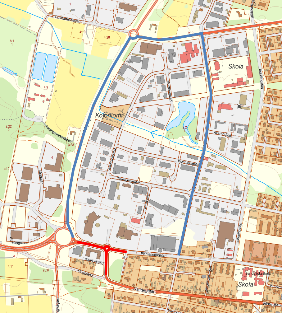Karta över berört område och omledning av trafiken
