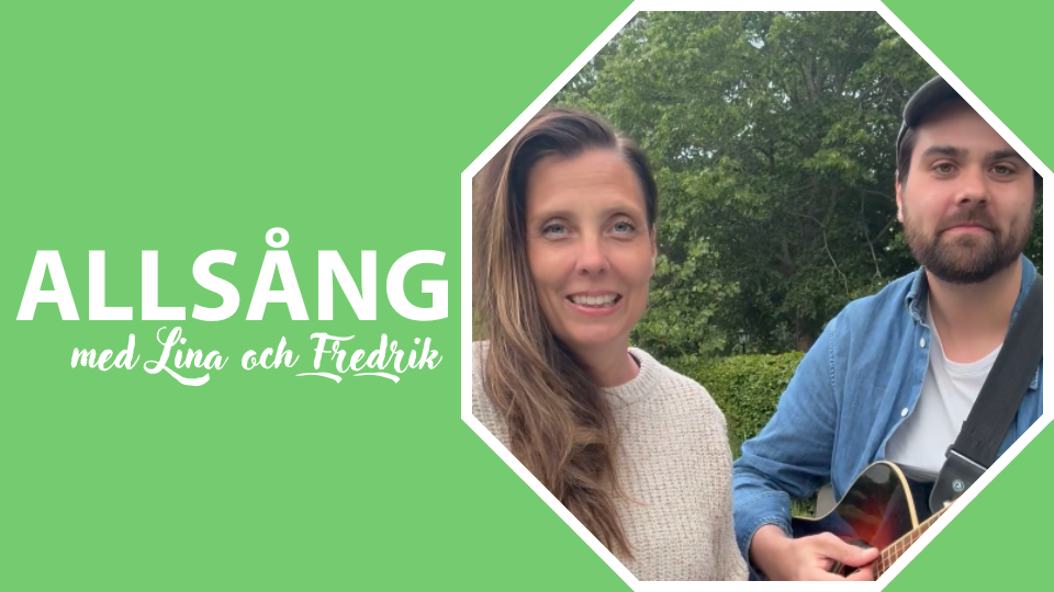 En grön bild med infällt fotografi av en långhårig kvinna och en man med skägg och gitarr som står framför träd