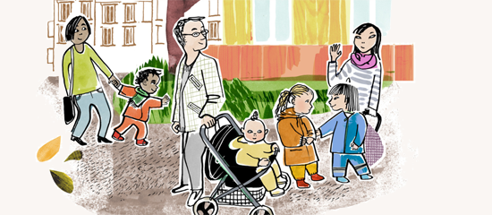 Illustration familj på stan