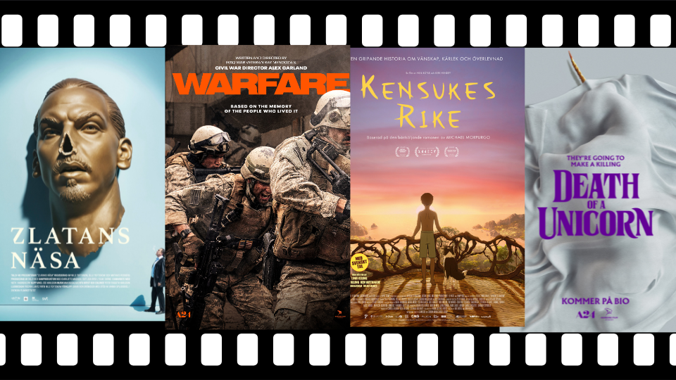 Filmaffisch på Zlatans näsa, Warfare, Kensukes rike och Death of a Unicorn