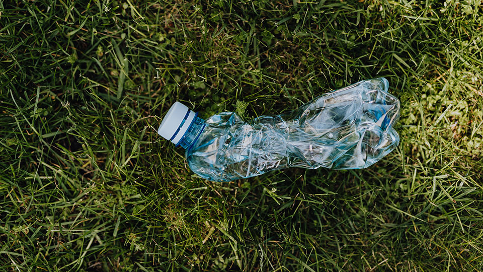 Foto på plastflaska som ligger på gräs