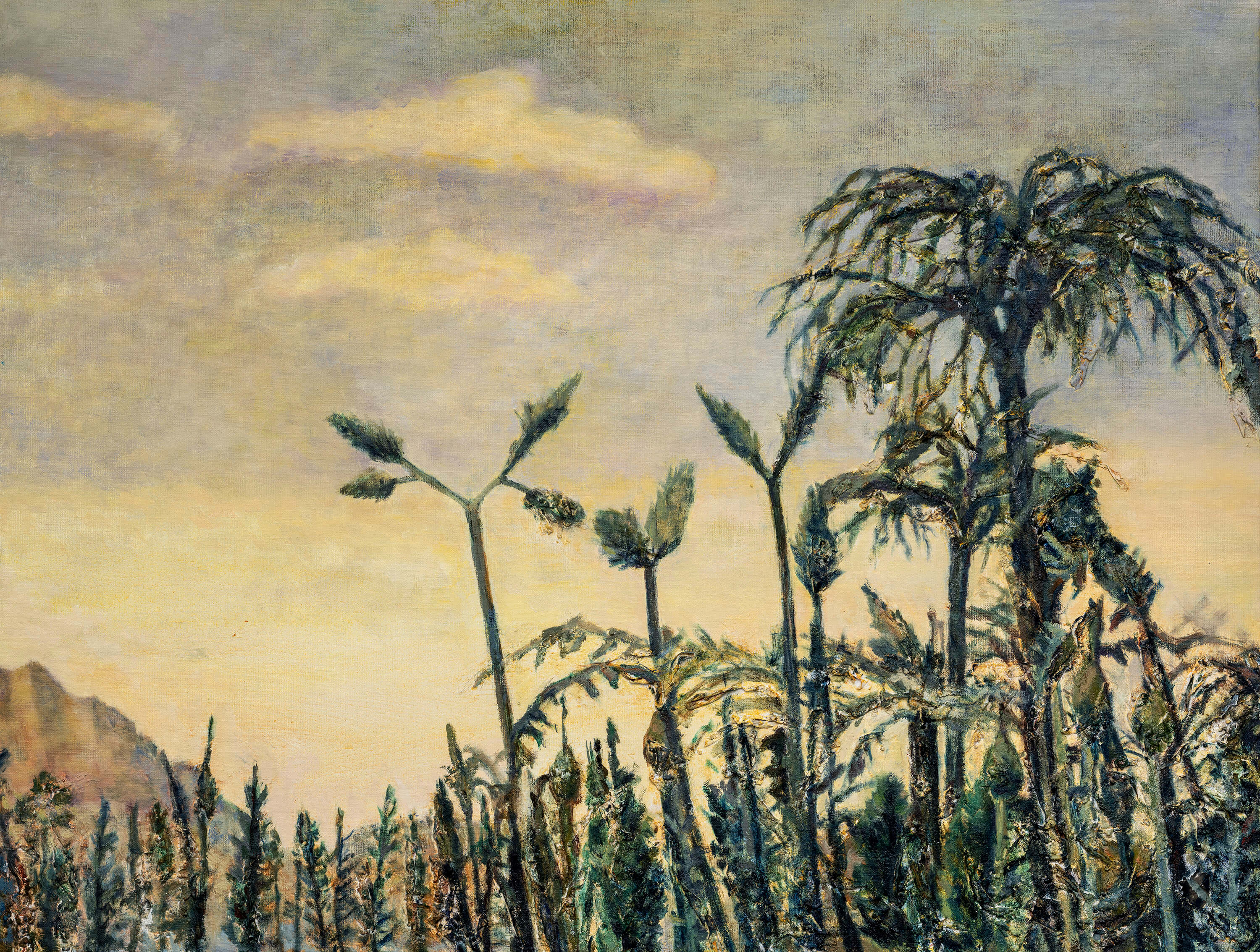 En bild i blandteknik av palmträd och andra växter mot en gulaktig himmel
