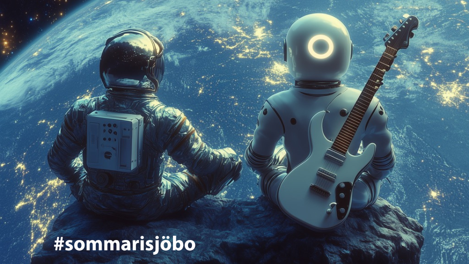 En astronaut och en robot sitter på en sten ute i rymden och betraktar jorden framför sig
