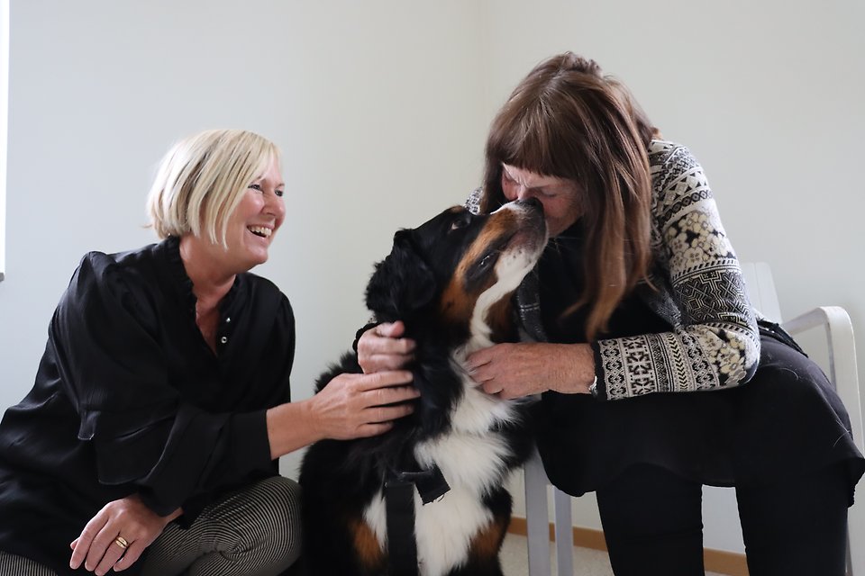 Kommundirektör Karina Hansson är med på ett arbetspass med Winnie och Harriet, som bor på Ängsgården.