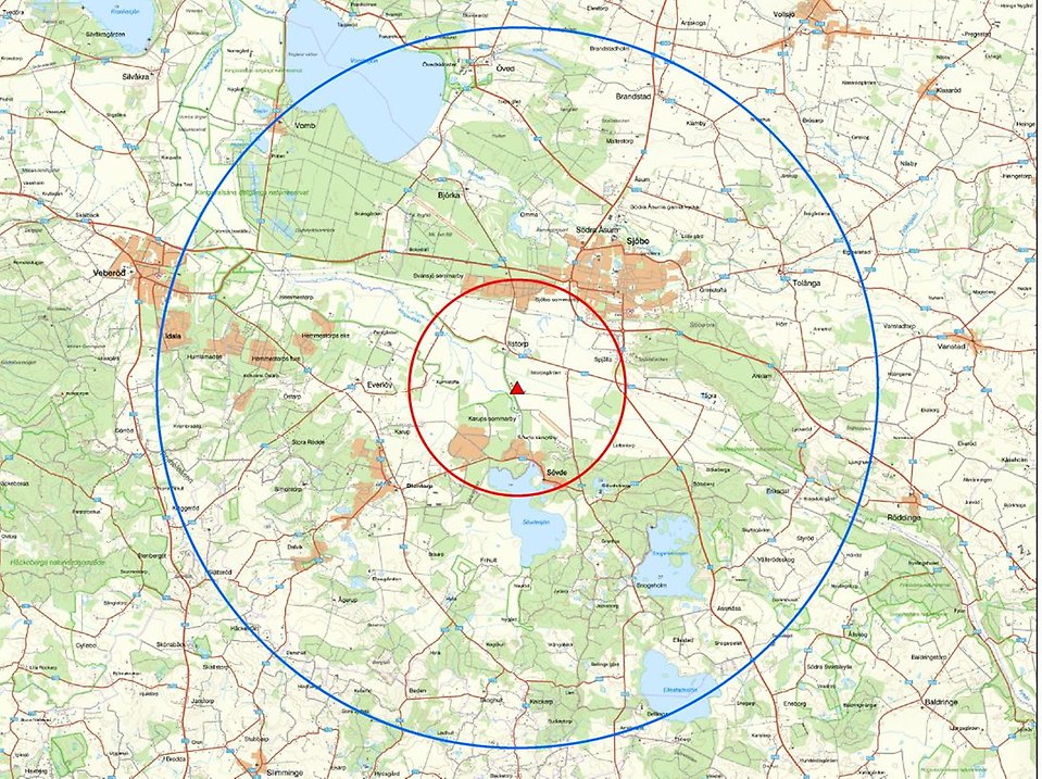 Karta över restriktionszon, fågelinfluensa Sjöbo kommun
