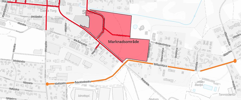 Karta över marknadsområdet och gator som berörs av arrangemanget