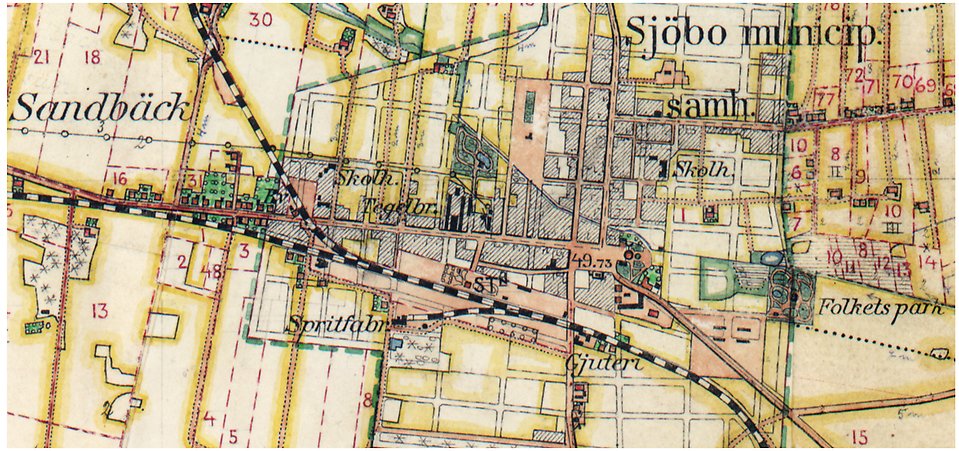En kartbild från 1910 där tegelbruket finns utmärkt
